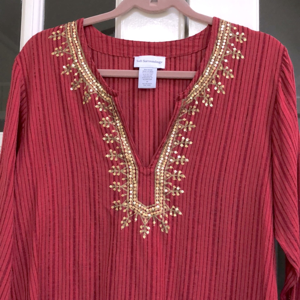 Festive V-Neck Tunic with Sequin Trim Slimming Lines Medium